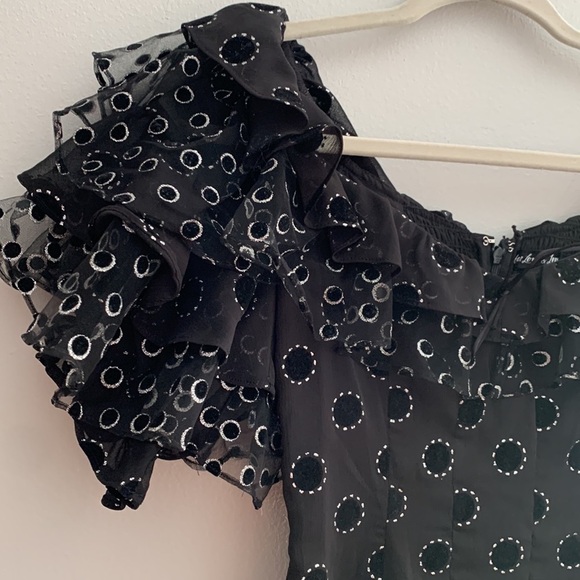 For Love & Lemons Mini Dress Off Shoulder Adella Party Dress in Black Polka Dot - Picture 7 of 13